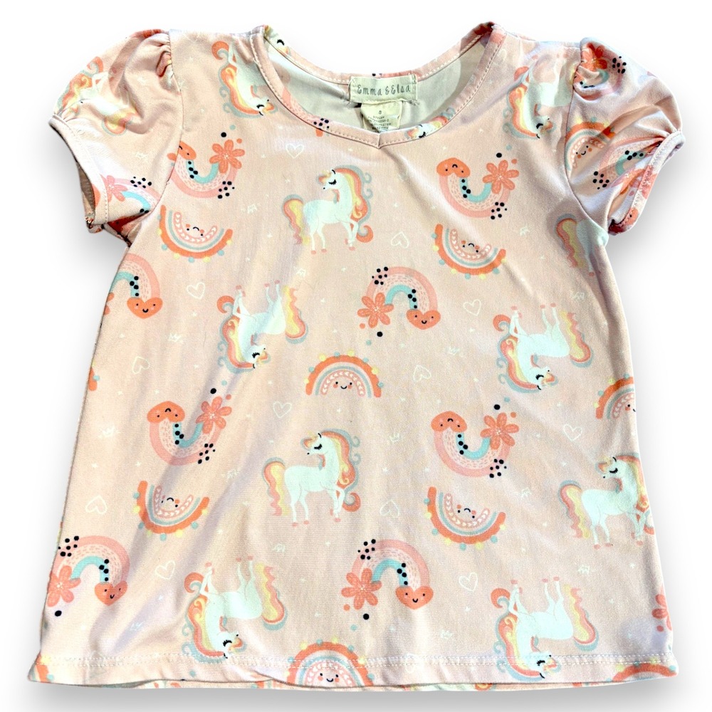 Emma & Elsa Girls Pink Unicorn Rainbow Puff Sleeve Top Shirt Size 5 KDT21102SX-2